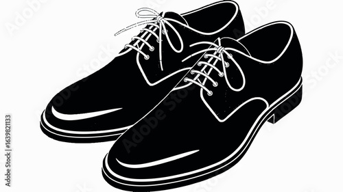 A black and white line art illustration of a pair of formal men's dress shoes.