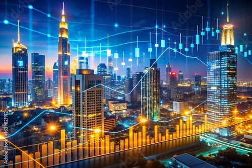 Wallpaper Mural Night cityscape with financial charts overlaying the skyline at dusk Torontodigital.ca