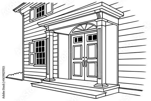 A simple monochrome pen illustration of a colonial-style building entrance — centered double doors with recessed panels, transom window above, square sidelights, and decorative pilasters.