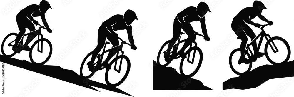 Obraz premium Cyclist Racing Downhill Silhouette Icon Vector Set - Extreme Sport and Mountain Biking