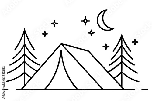 Camping Tent Under Starry Night Sky with Pine Trees – Vector SVG Illustration