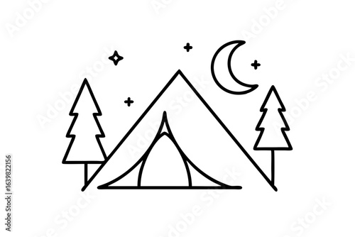 Camping Tent Under Starry Night Sky with Pine Trees – Vector SVG Illustration