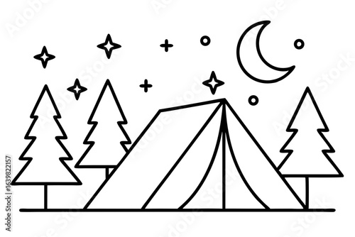 Camping Tent Under Starry Night Sky with Pine Trees – Vector SVG Illustration