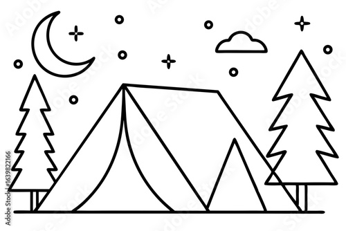 Camping Tent Under Starry Night Sky with Pine Trees – Vector SVG Illustration