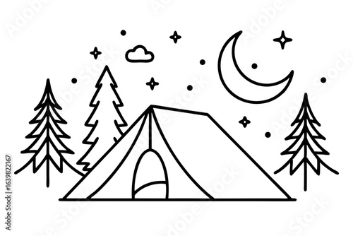 Camping Tent Under Starry Night Sky with Pine Trees – Vector SVG Illustration