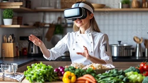 Chef Woman Wearing Virtual Reality Headset Interacting with Virtual Kitchen Environment