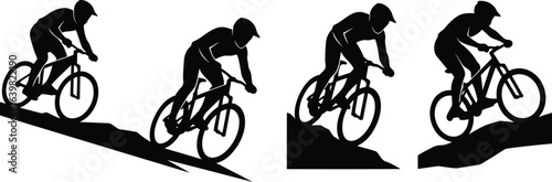 Cyclist Racing Downhill Silhouette Icon Vector Set - Extreme Sport and Mountain Biking
