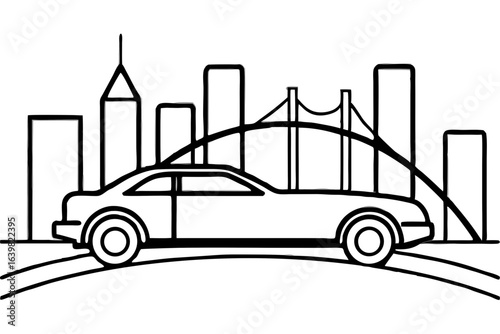 Urban Bridge Traffic with City Skyline Vector Illustration