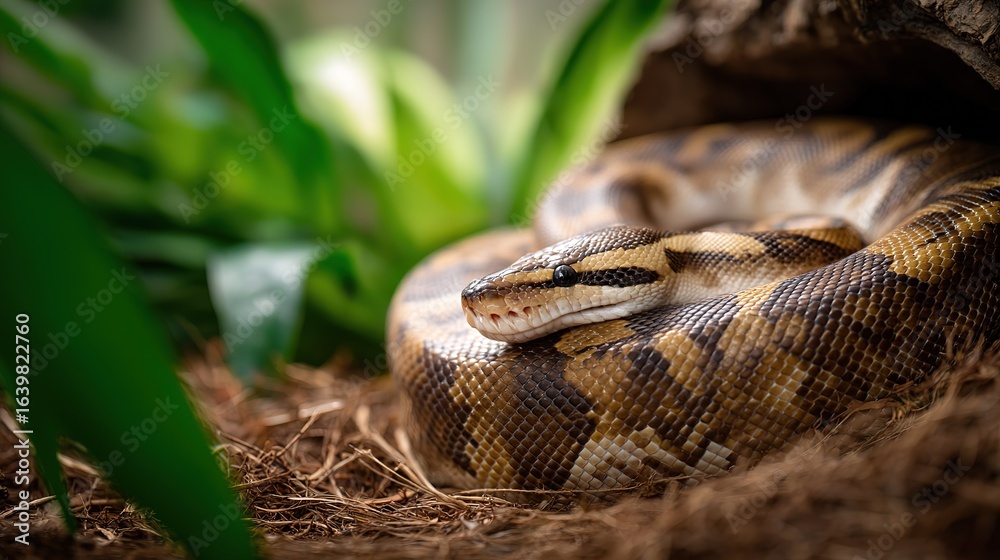 Fototapeta premium Close up of coiled python with patterned scales resting on natural bedding surrounded by lush green foliage