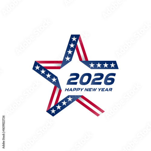 Patriotic Star Heralds 2026. American New Year Celebration Logo. Modern Typography Meets Traditional Symbolism. Red, White, and Blue Design Merges National Pride with Festive Spirit.