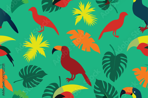 Seamless pattern with colorful cartoon birds and flowers on a branch for a tropical floral vector design