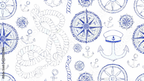 Seamless nautical pattern featuring compasses anchors ropes and ship wheels in a repeating design style silhouette