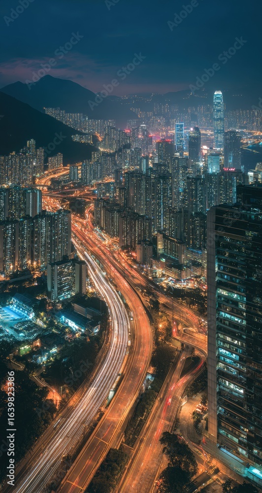 Obraz premium Cityscape at night, high-angle view. Highway curves through urban sprawl, lit by car lights. Blurred motion of vehicles. Mountains in the background. Modern buildings