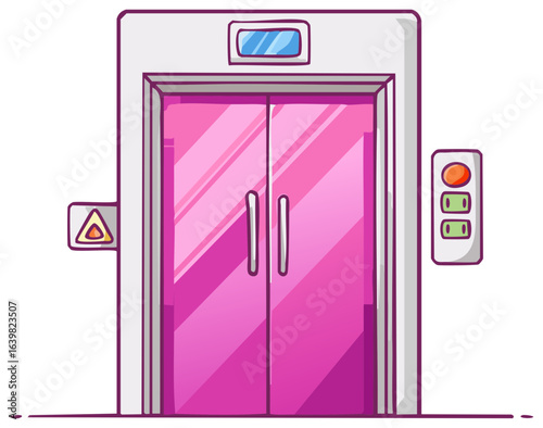 Cartoon style elevator with closed pink doors and control panel and warning sign features vector graphic design
