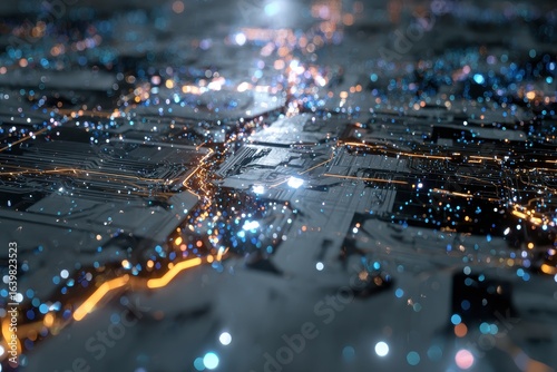 Abstract Circuit Board with Bokeh City Lights