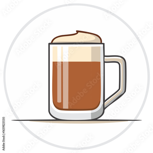 Illustration of a coffee mug with cream layered inside a white outlined circle.