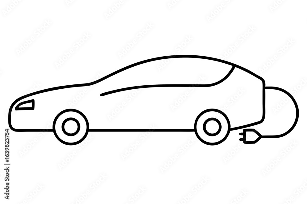 Fototapeta premium Electric Car with Charging Cable - Outline Vector Icon