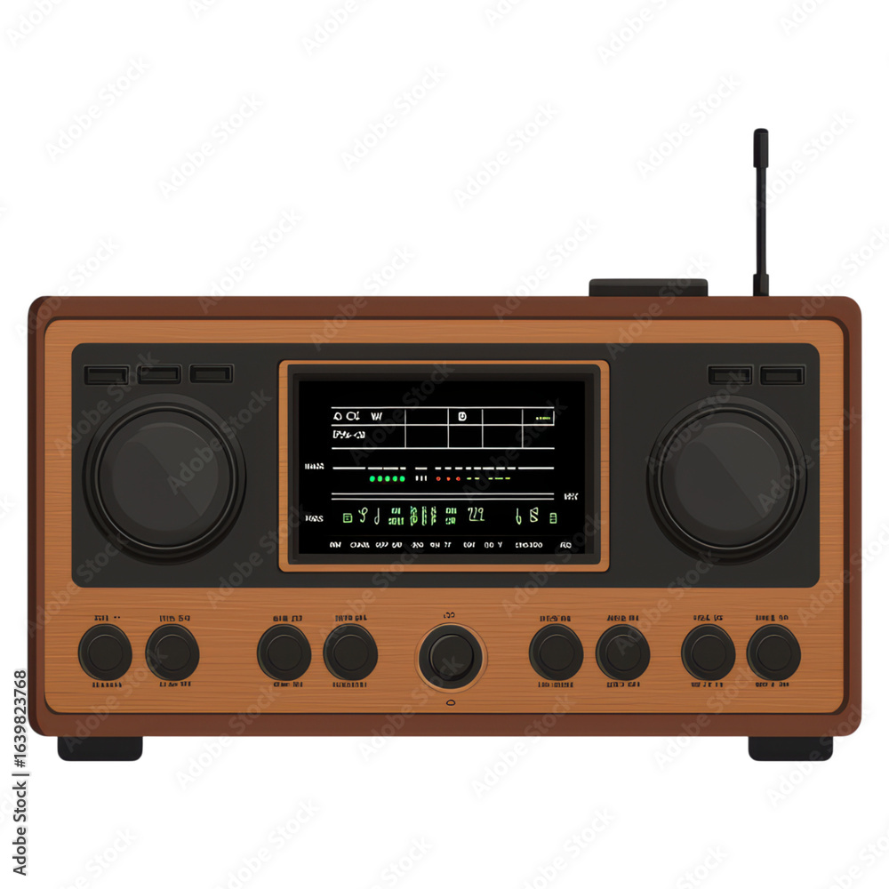 Fototapeta premium Vintage radio with modern features and wooden design, isolated on transparent background.