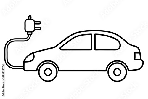 Electric Car with Charging Cable - Outline Vector Icon

