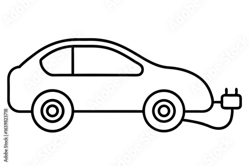 Electric Car with Charging Cable - Outline Vector Icon

