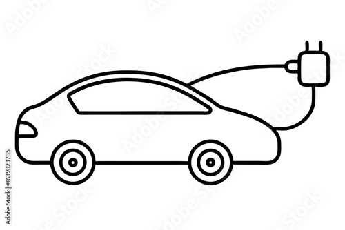 Electric Car with Charging Cable - Outline Vector Icon

