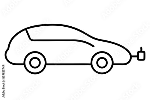 Electric Car with Charging Cable - Outline Vector Icon

