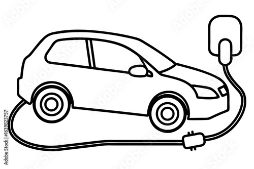Electric Car with Charging Cable - Outline Vector Icon

