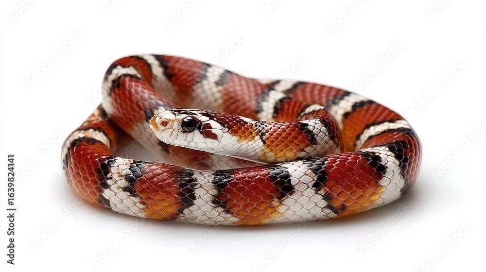 Naklejka premium colorful serpent coiled on white background featuring intricate red black and white scale patterns