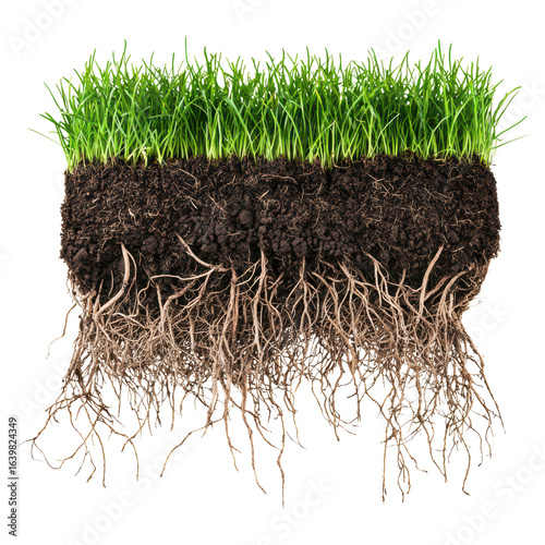 Cross-section of healthy grass with soil and exposed roots structure, isolated on transparent background.