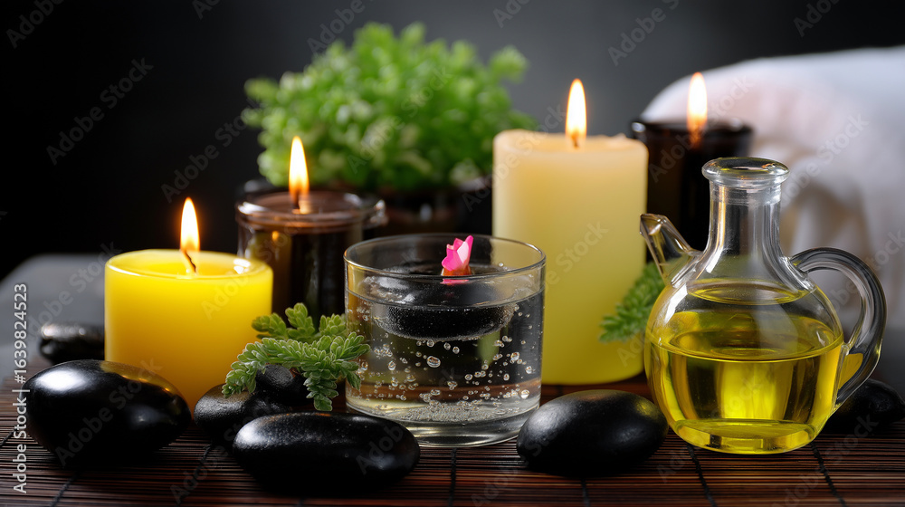 Obraz premium Aromatherapy and Massage Combo with Candles and Essential Oils