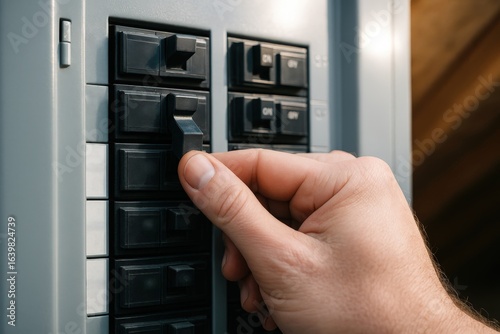 Electrician working on a breaker panel in a residential setting for repairs