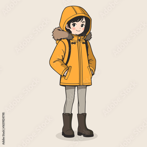 Teenage girl with casual mood wearing mid-season hooded jacket and brown boots 