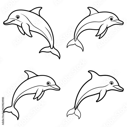 Four outlined dolphins swimming in various positions against a white background in a simple illustration style