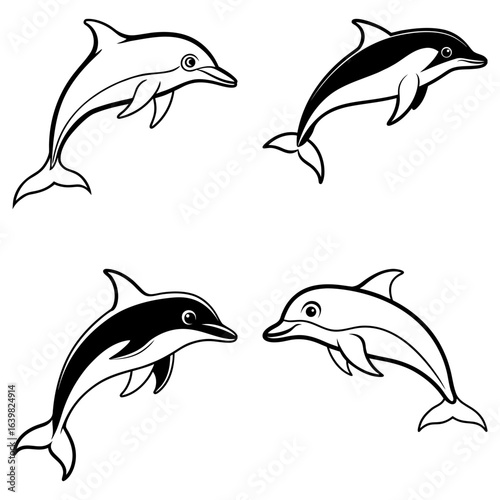 Four stylized dolphins in black and white swimming in different directions on a white background design