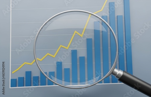 Magnifying glass over a financial bar chart and line graph showing growth