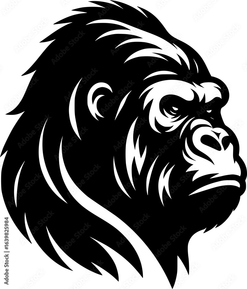 Fototapeta premium Simplified black and white vector of a gorilla profile with bold shapes and minimal detail, suitable for gaming design or logo