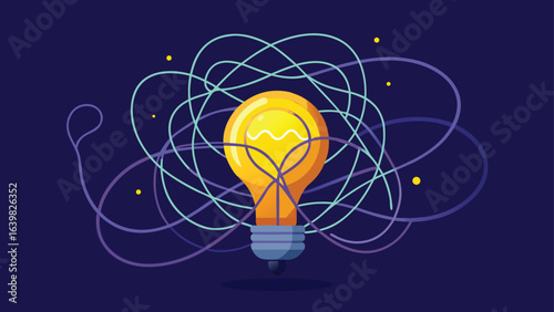 A yellow light bulb attached to a chaotic arrangement of wires, representing a cluttered electrical connection..eps