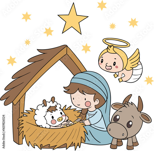 Merry Christmas Nativity Scene Cute Hand Drawn Illustration with Baby Jesus Mary Manger Angel Cow Donkey and Stars for Christian Holiday Greeting Card and Religious Winter Celebration Decor