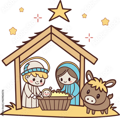 Merry Christmas Nativity Scene Cute Hand Drawn Illustration with Baby Jesus Mary Joseph Donkey Manger and Star of Bethlehem for Christian Holiday Greeting Card and Religious Winter Decor