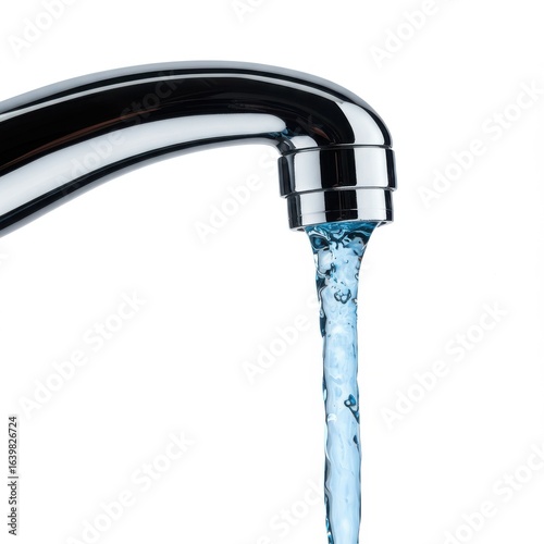 Faucet with running water isolated on white background. use cases: plumbing, hygiene.