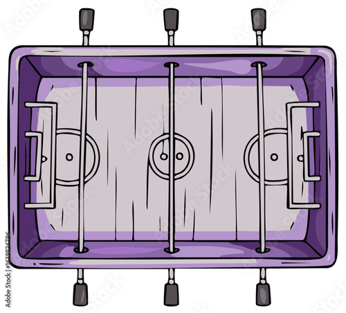 Illustrated foosball table with rods, field, and goals in purple tones for indoor gaming fun