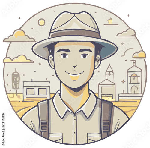 Cartoon explorer with travel hat and buildings, wearing a backpack and standing on a desert land, stylized illustration for tourism concept