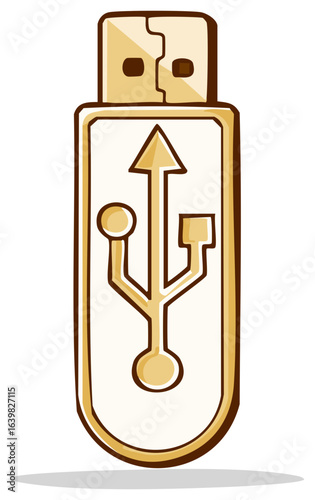 Hand drawn cartoon USB flash drive with universal serial bus symbol for data storage