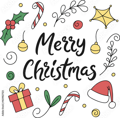 Merry Christmas Hand Drawn Vector Greeting Card Design with Santa Hat, Holly Leaves, Gift Box, Ornaments, Candy Cane, Stars, and Festive Elements for Holiday, Winter Celebration, and Seasonal Invitati