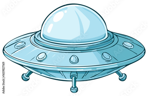 Stylized blue flying saucer with a glass dome and landing gear in a cartoonish style