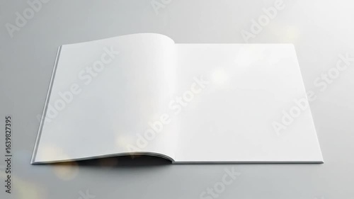 Clean, open white book with blank pages displayed on a neutral gray , ideal for design mockups.