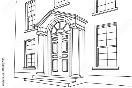 A minimalist black and white line drawing of a grand Georgian-style townhouse entryway — tall arched double doors with intricate wood paneling, flanked by Corinthian columns, and framed by symmetrical