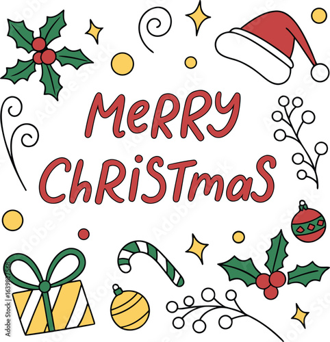 Merry Christmas Hand Drawn Vector Holiday Greeting Card Design with Santa Hat, Holly Leaves, Ornaments, Gift, Candy Cane, Berries, Decorative Stars and Festive Elements for Winter Celebrations