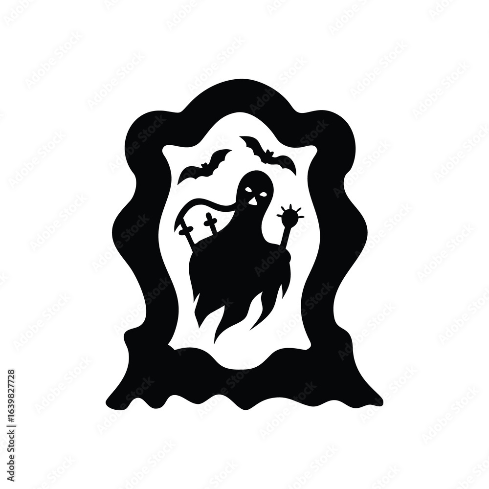 Obraz premium Spooky halloween tombstone silhouette featuring a ghost and bats isolated on white background isolated on transparent background