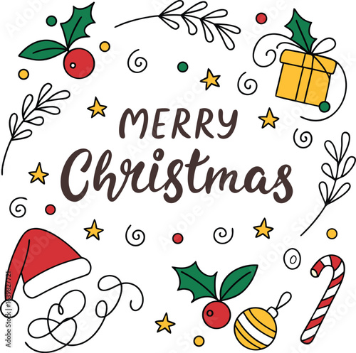 Merry Christmas Hand Drawn Vector Greeting Card Design with Santa Hat, Holly Leaves, Christmas Gift, Candy Cane, Ornaments, Decorative Stars, and Festive Swirls for Holiday and Winter Celebrations